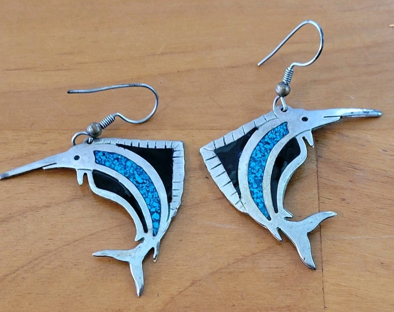 Vtg Mexico Sterling Silver Swordfish Marlin Earrings Turquoise Onyx Inlay Dangle