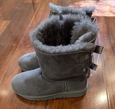 UGG Bailey Bow Women's Gray Suede Sheepskin Lined Mid-Calf Round Toe Boot, 9