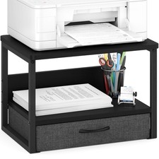 Black 2Tier Desktop Printer Stand With Storage Drawer Under Desk Riser