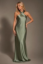 Xscape Dress SZ 6 Olive Green Satin Halter Gown NWT Formal Evening Maxi GALA MOB