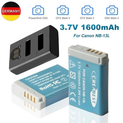 CREABEST 2x 1.6Ah Akku Für Canon NB-13L PowerShot G5X G9X SX740 HS SX730 HS G7X+Ladegerät