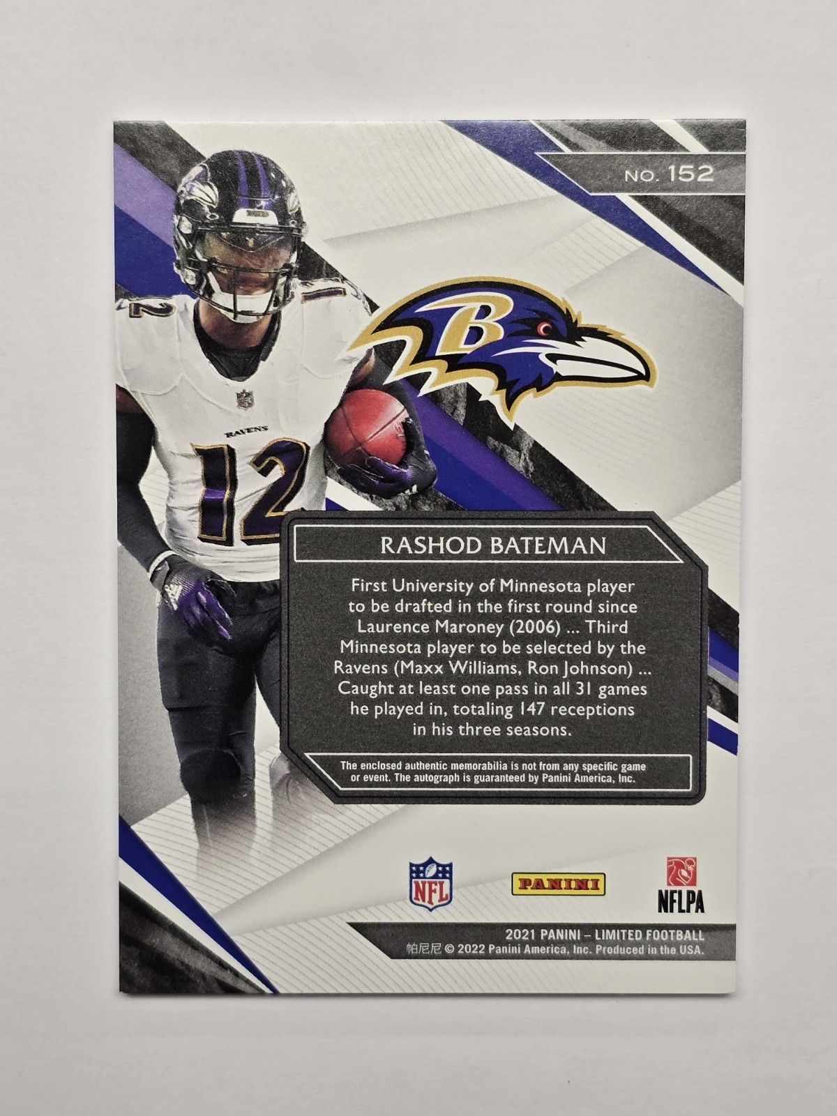 2021 Limited Spotlight Holographic /29 Rashod Bateman RPA Rookie Patch Auto RC view 6