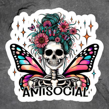 Skeleton sticker vinyl decal antisocial butterfly wings flowers gothic