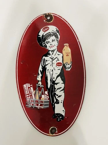 Vintage Arden Dairy The Iconic Milk Boy Porcelain Enamel Advertising Sign 10”