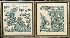 Pair of Large CAMBODIAN 1960's ANGKOR WAT TEMPLE Blue Ink RUBBING on RICE PAPER