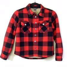 Eddie Bauer Boy  s Sherpa Lined Button Shirt Jacket Red  Black Plaid Size 8