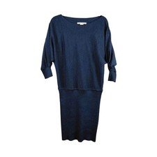 MAGGY LONDON Blue Knit Sweater Dress Boat Neck Dolman Sleeve Midi