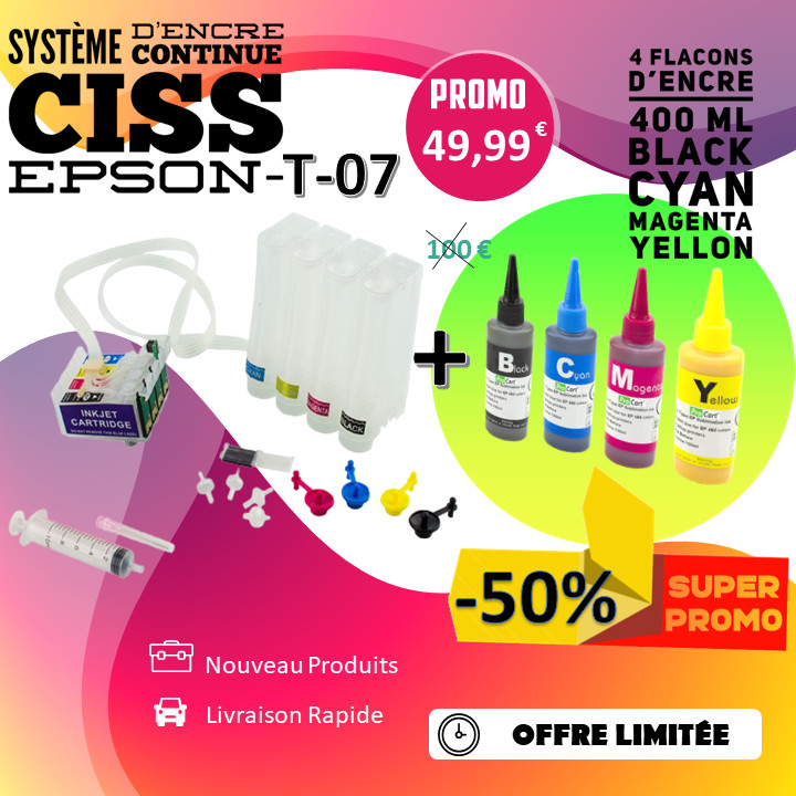 CISS EPSON Stylus T-07 solution contre les cartouches vides avec 4 encres
