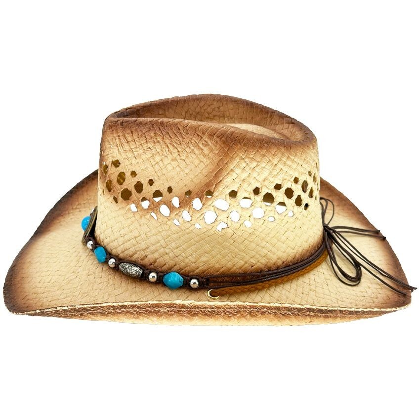 KIDS Tea Stain Straw COWBOY HAT w Turquoise Blue Beads