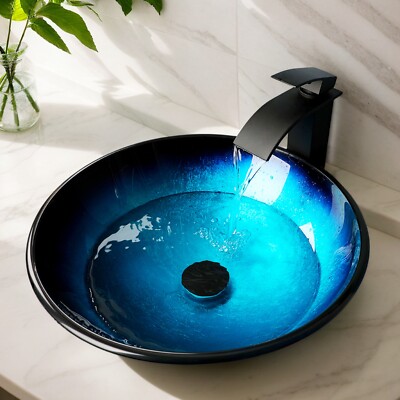 Blue Bathroom Sinks Round Glass Vessel Sink Basin Bowl Combo Black Tap Drain Set
