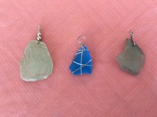 Handmade Wire Wrapped  Sea Glass Pendants silver-toned, lot Of 3  Greens  Blue