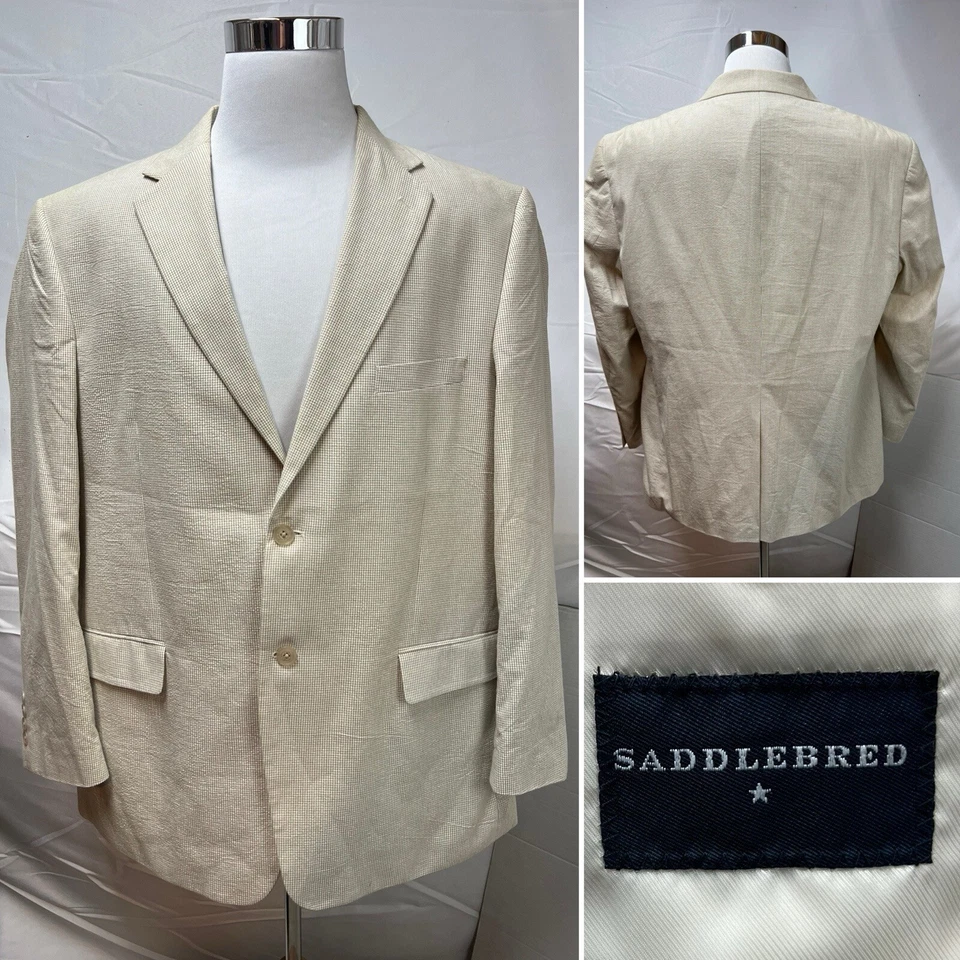 Saddlebred Mens 48R Cotton Beige Cream Gingham 2-Button Seersucker Blazer Jacket - Image 4 of 4