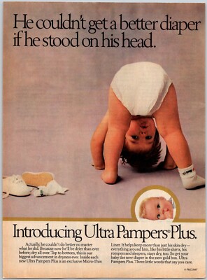 PRINT AD 1987 Ultra Pampers Plus Diapers If He Stood on His Head 8'' x 10.5''