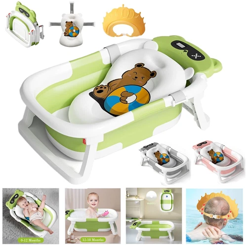 Faltbare Baby Badewanne für Neugeborene mit Thermometer Badewanne mit Abflussloch - Bild 1 von 37