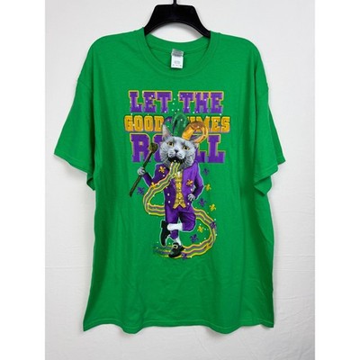 Gildan Mardi Gras Cat T-Shirt Mens XL Green Let The Good Times Roll Graphic Tee