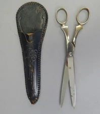 Vintage antique dressmaker sewing shears scissors tooled leather case