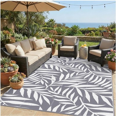 Outdoor Area Rug, Reversible Plastic, Grey & White