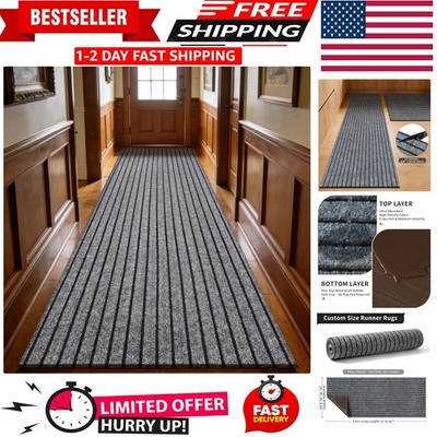 Anti Slip Low Profile Lightweight Striped Gray Design Outdoor Runner Rug