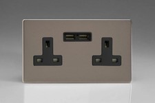 13A Socket Silver + USB 2-Gang Screwless Pewter Black Insert Varilight XDR5U2BS