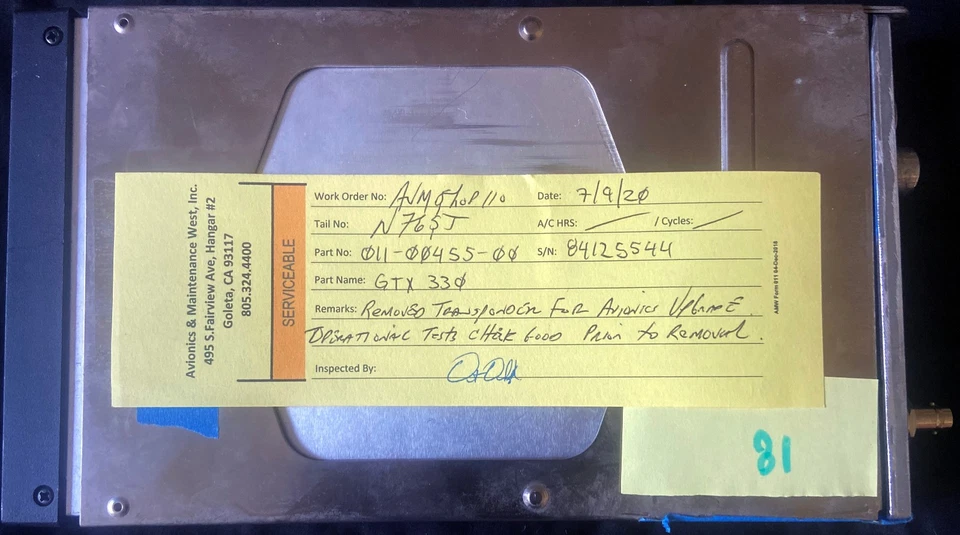 Garmin GTX 330 Modo A/C S Transpondedor P/N: 011-00455-00 con Jaula *Probado Bueno Foto 3 de 4