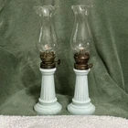 Set Of 2 Vintage Miniature 9.5 in Green Milk Slag Glass Oil Lamps With Chimneys