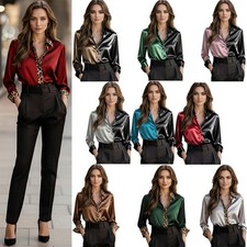 Women Elegant Satin Contrast Panel Shirt Long Sleeve Button Down Commuter Blouse