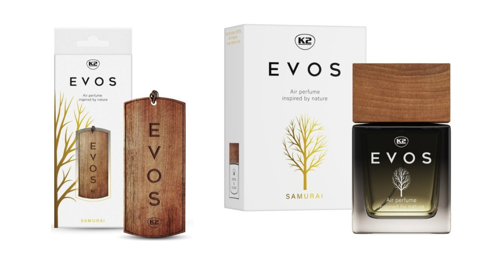 K2 EVOS SAMURAI 50ml Car Perfume & Wooden Hanger Air Freshener Luxury Bundle