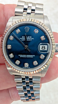 ROLEX SS MIDSIZE DATEJUST WITH BLUE DIAMOND DIAL.
