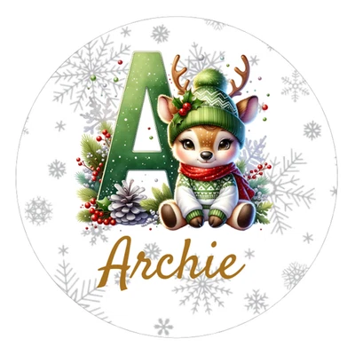 Personalised Christmas Reindeer Green Initial Name Stickers Label Present Santa