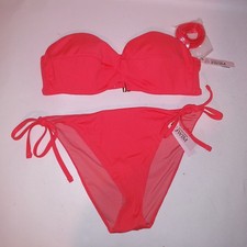 Victoria's Secret Swim Bikini 36C Top Medium Bottom Coral Orange Ribbed Bandeau