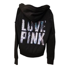 Victoria's Secret PINK Faux Fur Lined Sequin Hoodie Black Full Zip Small 312283