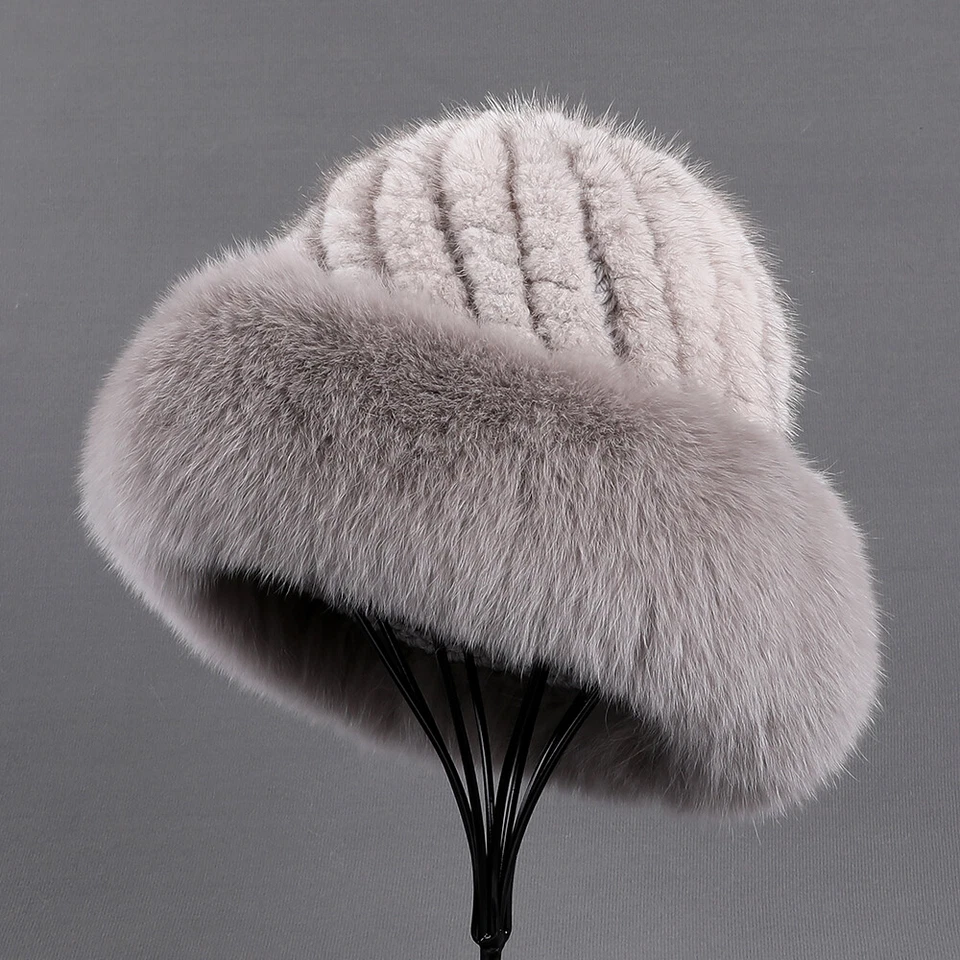 Women's Luxury Genuine Mink Hair Knitted Beanie Hat Fox Brim Winter Warm Cap - Image 3 of 4