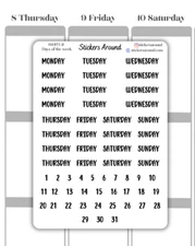 Small Black Date & Days of the Week Script Planner Sticker, Journaling Sticker