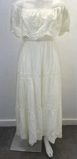 Maxi Dress Off Shoulder Eyelet Peasant  Cottagecore Cotton SZ M /L Yellow (FLAWS