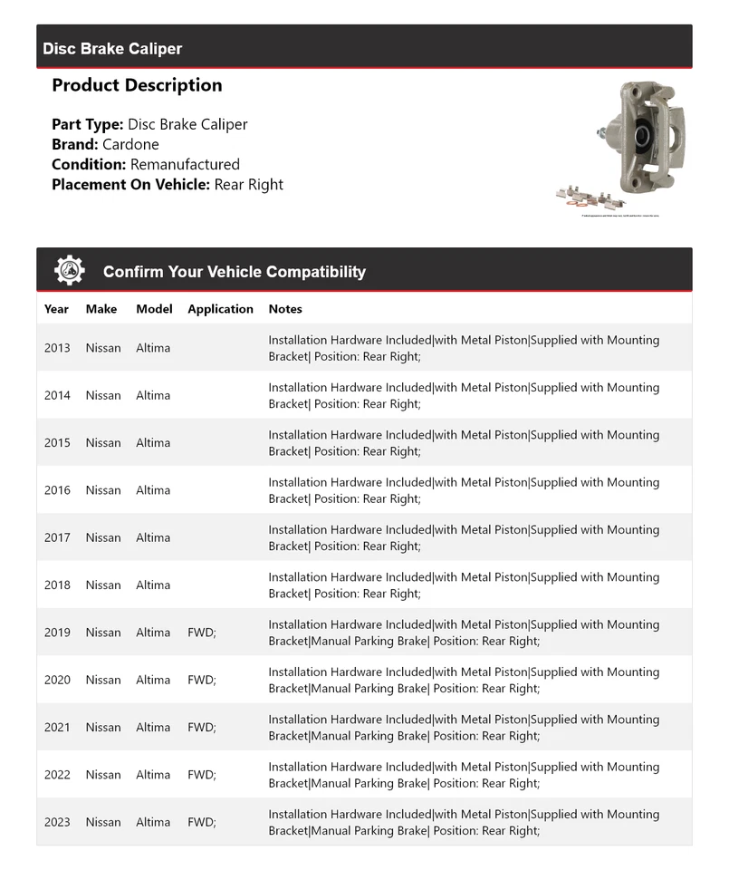 Pinza de freno de disco trasera derecha Cardone 2014 2015 2016 para Nissan Altima 2013-2023 Foto 2 de 4