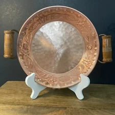 Antique Folk Art Hammered Copper Pie Serving Dish with Hand Turned Wood Handles