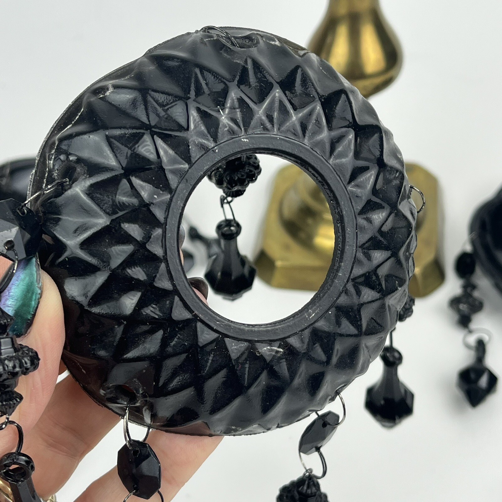 3 Vtg Bobeches Candle Collar Wax Drip Catcher Black Glass & Beaded