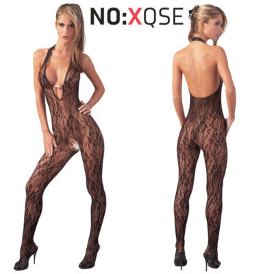 NO:XQSE Sexy Catsuit Overall schwarz eng anliegend mit floraler Spitze mit tiefem Ausschnitt