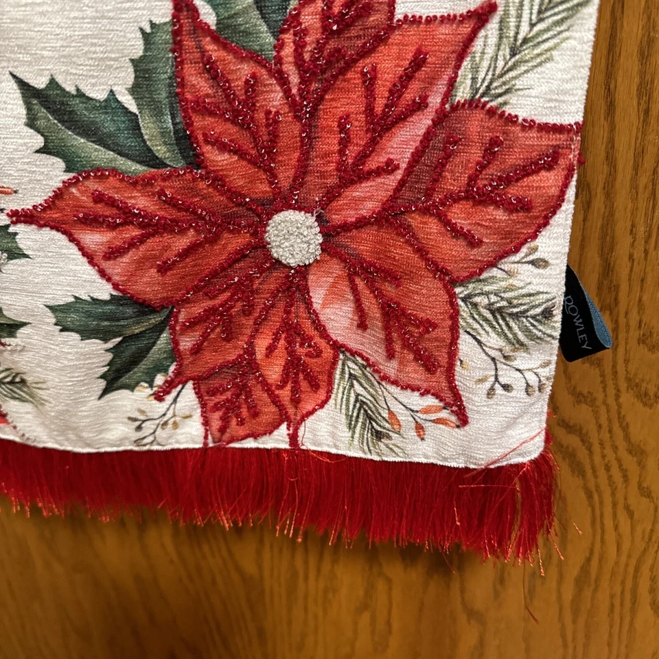 Cynthia Rowley Needlepoint Table Runner Poinsettia Holly Christmas 16"x72" New - Image 3 of 4