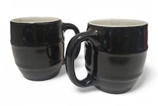Hall Pottery 536 Barrel Mugs Set of 2 Black Stoneware Tankard USA 1960s Vintage