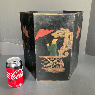 Vintage Hand Painted Polygon Tole Ware Metal Chinoiserie Trash Can Waste Basket