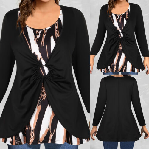 PLUS SIZE Women Leopard Crew Neck Tunic Tops Long Sleeve Casual T Shirt Blouse