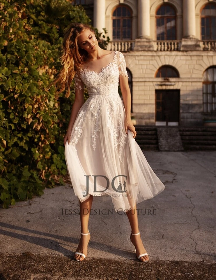 Luftiges Kurz Spitze Brautkleid Hochzeitskleid Floral Maßanfertigung Knöpfe Tüll - Bild 2 von 4