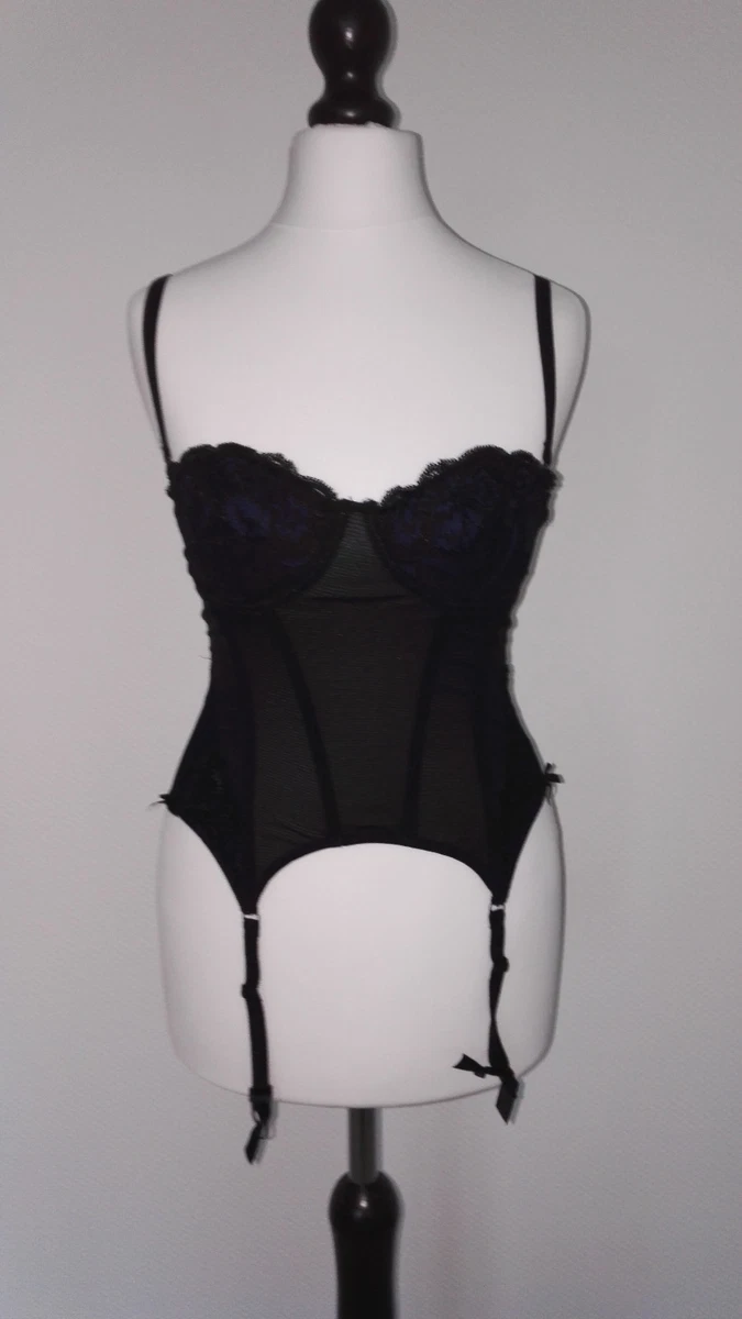 Guêpière Corset Cannelle – Noir Satiné, 85B, Bustier Porte-jaretelles, Neuf