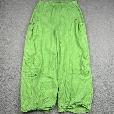 Leo Meli Linen Pants Womens Small Green Wide Leg Cargo Boho Made in Italy