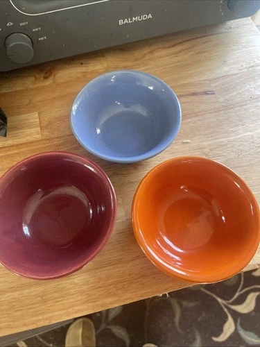 3 Four Inch Bauer Pottery Bowls Red Orange And Blue Vintage