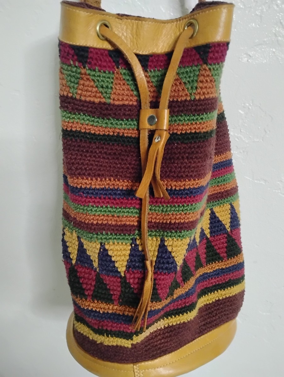 Vintage Handmade Guatemala Boho Multi Color with Leather Trim Bucket Bag Vintage Guatemala Woven Bucket Bag: Colorful Ethnic Leather  main image 2