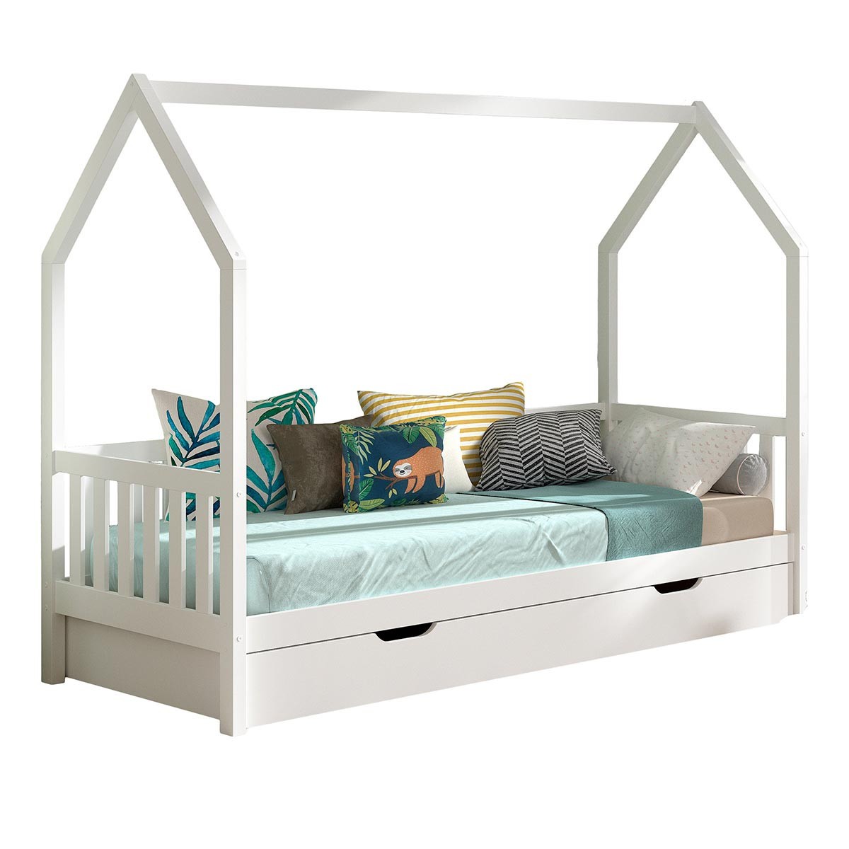 Lit Cabane 90x200cm Blanc Enfant Lit Gigogne avec Tiroir Couchage