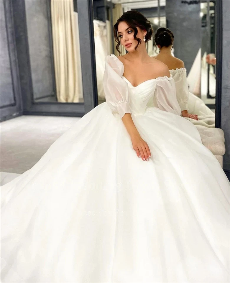 Square Neck A Line Wedding Off Shoulder Puff Sleeves Open Back Organza Wedding - Image 3 of 4