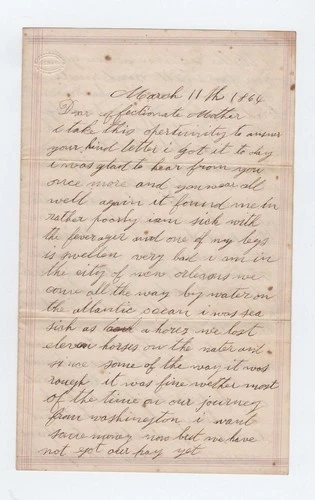 CIVIL WAR LETTER - 11th NY Cavalry - Horses Drown on Boat Trip to New Orleans!